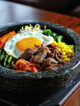 Close-up of a colorful Korean dish bibimbap in a bowl. Bibimbap is made with rice, vegetables, meat, and a fried egg on topの素材
