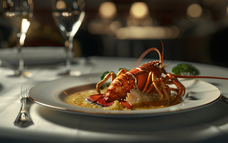 A close-up of a cooked whole lobster on a white plateの素材