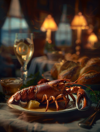A close-up of a cooked whole lobster on a white plateの素材