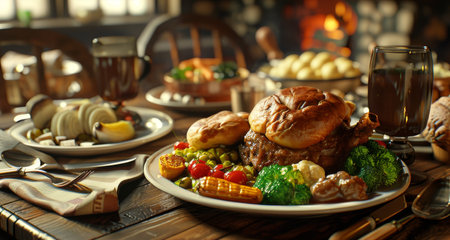 A festively set table for a Thanksgiving dinner with a roasted turkey, mashed potatoes, cranberry sauce, and other side dishesの素材