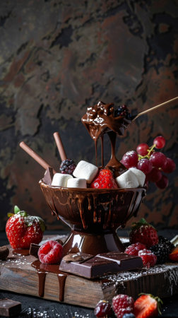 A pot filled with melted chocolate fondue sits in the center of a table. Around the pot are skewers with strawberries, marshmallows, and banana slices for dippingの素材