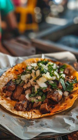 A close-up of a single beef taco. The taco shell is filled with ground beef, lettuce, shredded cheese, pico de gallo, and a lime wedge on the sideの素材