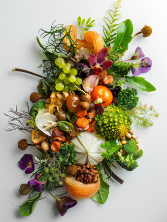 A vibrant, artistic dish with colorful edible flowers and garnishes, showcased under soft lightingの素材