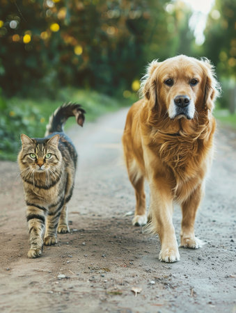 A golden retriever and a tabby cat walking together on a dirt path, surrounded by lush greeneryの素材