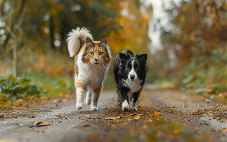 A small dog and a cat walk side-by-side on a dirt roadの素材