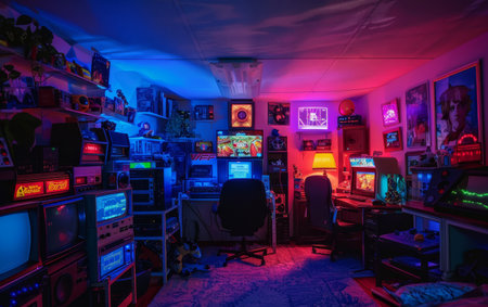 Vintage tech-filled room with old computers, vinyl records, and retro decor, evoking nostalgiaの素材