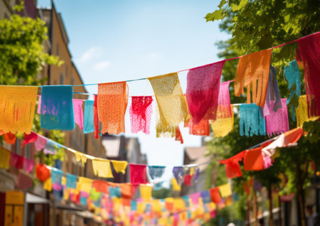 Colorful flags creating a vibrant, festive atmosphere on a sunny streetの素材