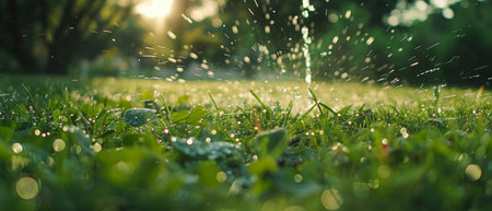 Water sprinkler spraying droplets on a vibrant green lawn with sunflare, symbolizing garden care and summer freshnessの素材