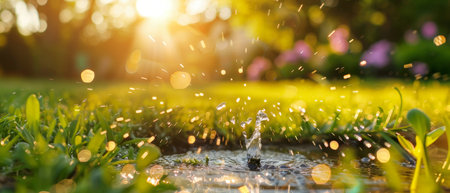 Water sprinkler spraying droplets on a vibrant green lawn with sunflare, symbolizing garden care and summer freshnessの素材