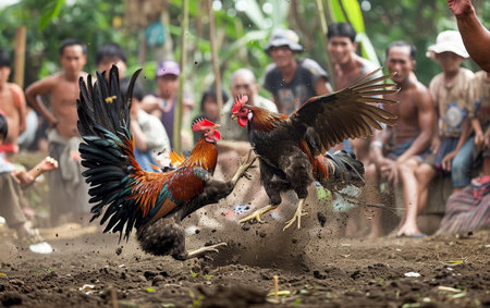A dynamic cockfight with roosters engaged in battle while surrounded by an attentive crowd in a tropical village settingの素材