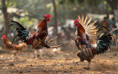 A dynamic cockfight with roosters engaged in battle while surrounded by an attentive crowd in a tropical village settingの素材