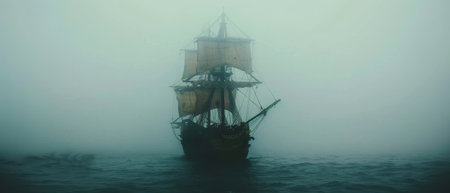 A ghostly sailing pirate ship emerges from a dense fog on the open sea, creating a mysterious and eerie maritime sceneの素材