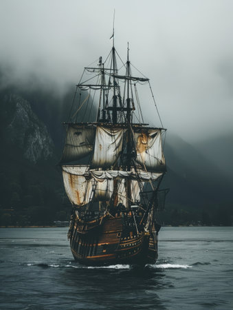A mysterious pirate ship navigates close to a foggy cliff under the cover of night, creating an atmosphere of intrigue and adventureの素材