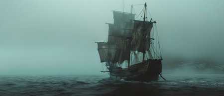 A ghostly sailing pirate ship emerges from a dense fog on the open sea, creating a mysterious and eerie maritime sceneの素材