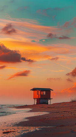 A lone beach house with warm glowing windows stands on a tranquil shore, with the serene ocean and twilight hues in the backgroundの素材