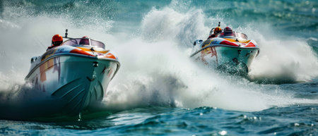 Speedboats race at high velocity, churning the ocean water with powerful, in an intense display of water sportsmanshipの素材