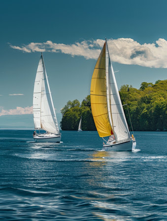 Sailboats with billowing spinnaker sails glide on the water, showcasing the beauty of sail racing on a clear dayの素材