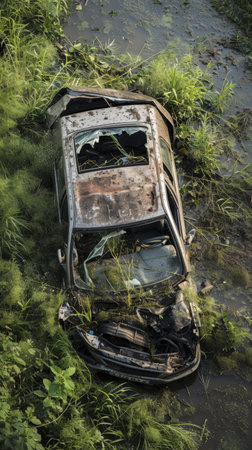 An abandoned, dirty car flipped upside down in a rural ditch, with golden sunrise lightの素材