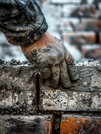 Close-up of a dirty, weathered hand laying bricks on a construction site, depicting hard work and manual laborの素材