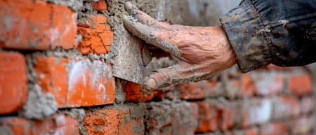 Close-up of a dirty, weathered hand laying bricks on a construction site, depicting hard work and manual laborの素材