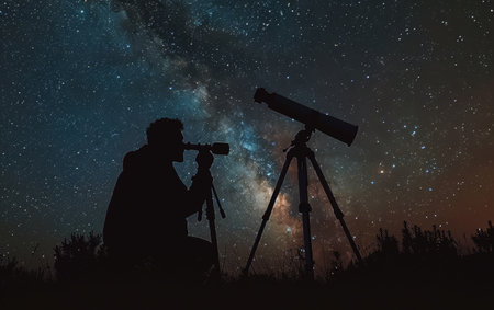 Silhouette of an amateur astronomer using a telescope to explore the starry night sky. Concept of discovery, astronomy, and scienceの素材