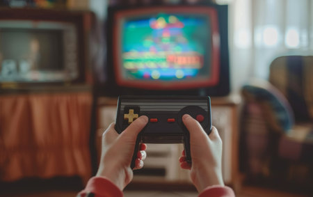 Close-up of hands holding a classic game controller, playing video games on a television in a cozy living room settingの素材