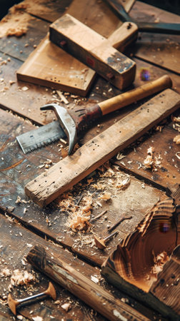 Close-up of old hammer, saw, and chisels on a rustic wooden table, illustrating traditional woodworking and craftsmanshipの素材