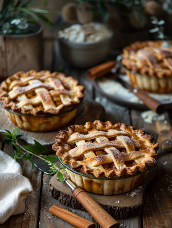 An artisanal apple pie with a classic lattice design, dusted with powdered sugar, accompanied by cinnamon sticks, setting a warm, cozy atmosphereの素材