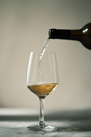White wine being poured into a glass, capturing the liquid's elegant flow and the bubbles forming at the bottomの素材