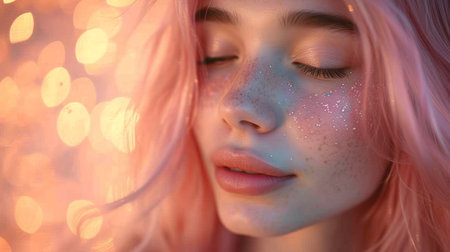 Close-up of a pretty young woman with glitter makeup and vibrant pink hairの素材