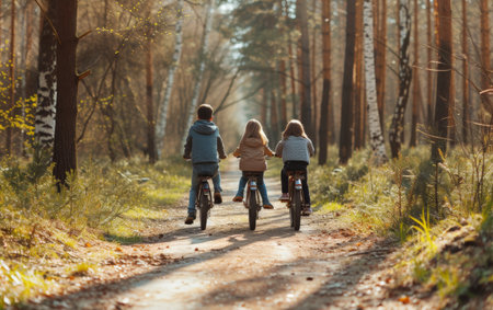 Three children cyclists on a forest trail, showcasing the beauty of nature and outdoor activitiesの素材