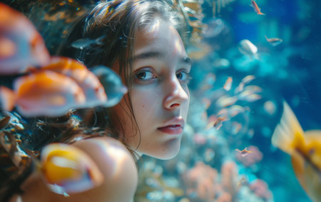 A girl observing colorful fish in a vibrant underwater scene. The image is lively, showcasing the beauty of marine lifeの素材