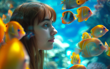 A girl observing colorful fish and corals in an underwater, dreamlike aquarium settingの素材
