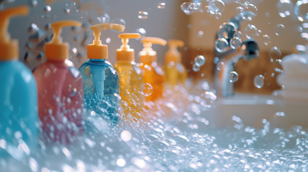 Colorful soap dispensers amidst bubbles and bokeh, illuminated by sunlightの素材