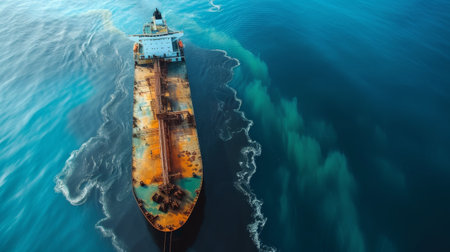 Aerial view of a sunlit cargo ship sailing in the contrasting ocean watersの素材