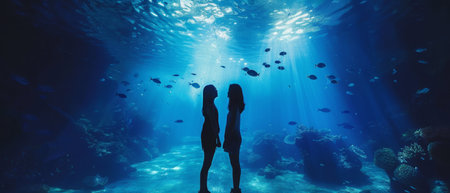 Two people observing a vibrant, colorful underwater scene at an aquariumの素材