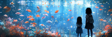 Two kids observing a vibrant, colorful underwater scene at an aquariumの素材