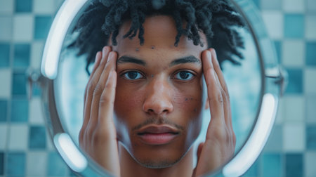 Close-up of a man inspecting his face in acne in a mirrorの素材