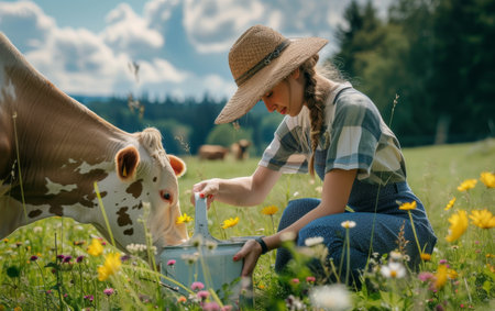 Serene scene of a woman with a bucket beside a grazing cow amidst lush greenery, bathed in golden sunlightの素材