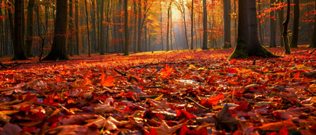 Sunlight filters through autumnal trees, casting a warm glow on a carpet of fallen leaves in a peaceful forest.の素材