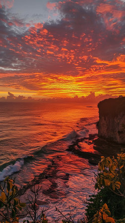A fiery sunset illuminates the sky, reflecting in the ocean's surf and highlighting the cliffside's dramatic silhouette.の素材