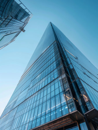 A crystal-clear reflection on the sleek surface of a skyscraper symbolizes the fusion of nature and human innovation.の素材