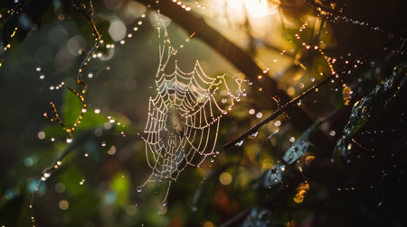 The complex geometry of a spiderweb captures the twilight's first light, creating a shimmering spectacle of dew against a dark forest canvas.の素材