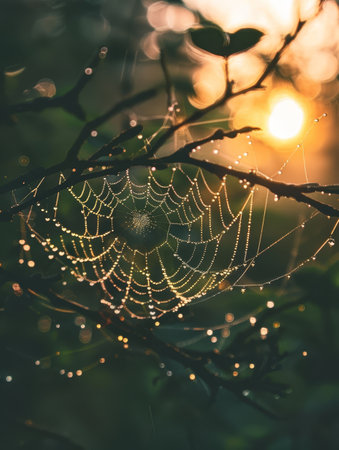 Morning dew clings to the delicate strands of a spiderweb, illuminated by a golden sunrise that infuses the scene with warmth.の素材