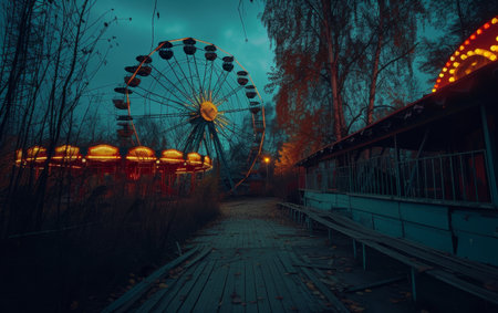 Deserted carnival rides, including a ferris wheel and carousel, set against a twilight skyの素材