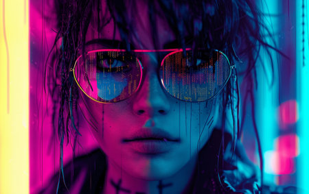 A woman's face enhanced with a glitch art effect, surrounded by a neon-lit digital environmentの素材