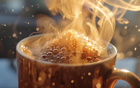 A steaming cup of coffee in a cozy setting, capturing the invigorating aroma and warmth of the morning brewの素材