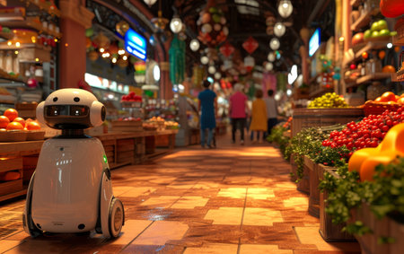 A small friendly robot acting as a shopping assistant inside a vibrant indoor marketの素材
