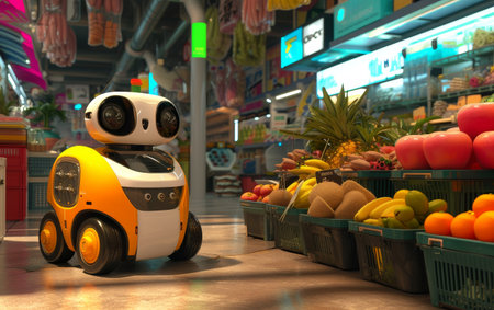 A small friendly robot acting as a shopping assistant inside a vibrant indoor marketの素材