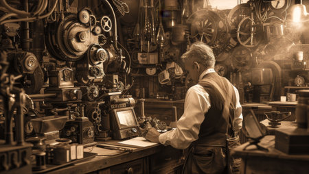 An inventor in a steampunk workshop surrounded by gears and mechanical devicesの素材